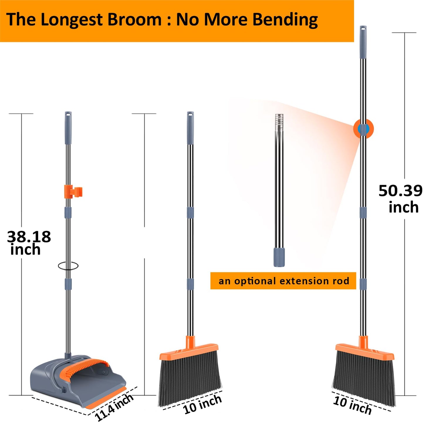 Kelamayi Broom & Dustpan Set – Self-Cleaning, Gray/Orange