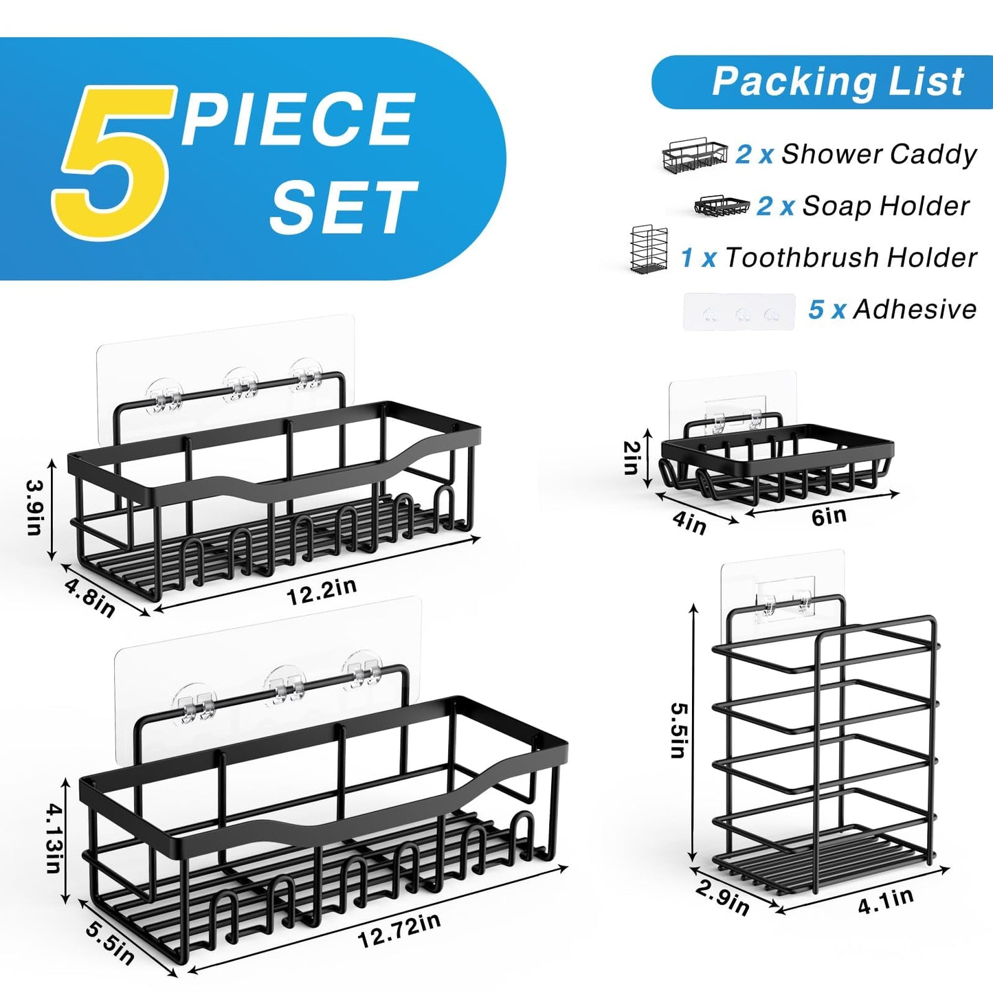 EUDELE Adhesive Shower Caddy 5-Pack – Rustproof Stainless Steel