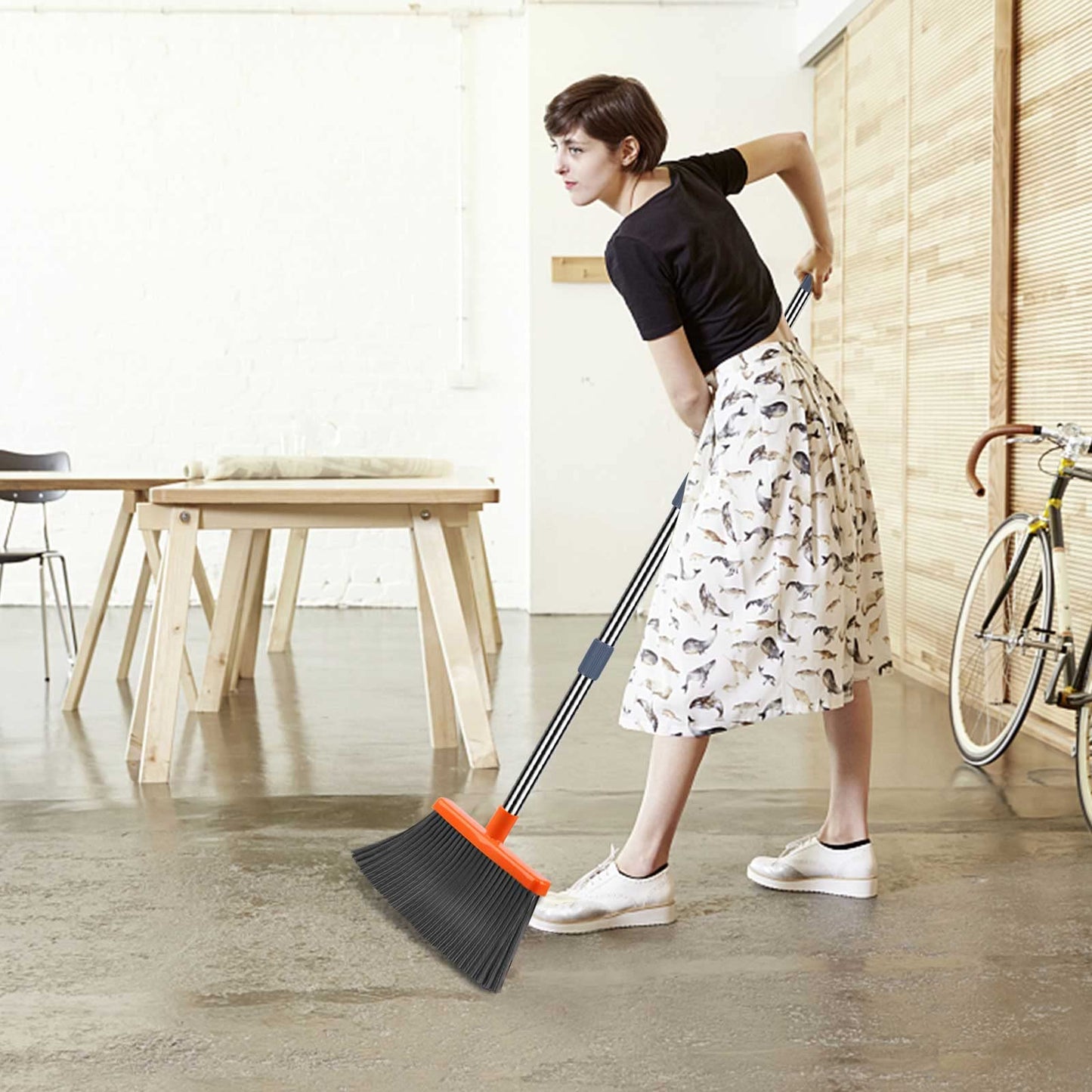 Kelamayi Broom & Dustpan Set – Self-Cleaning, Gray/Orange