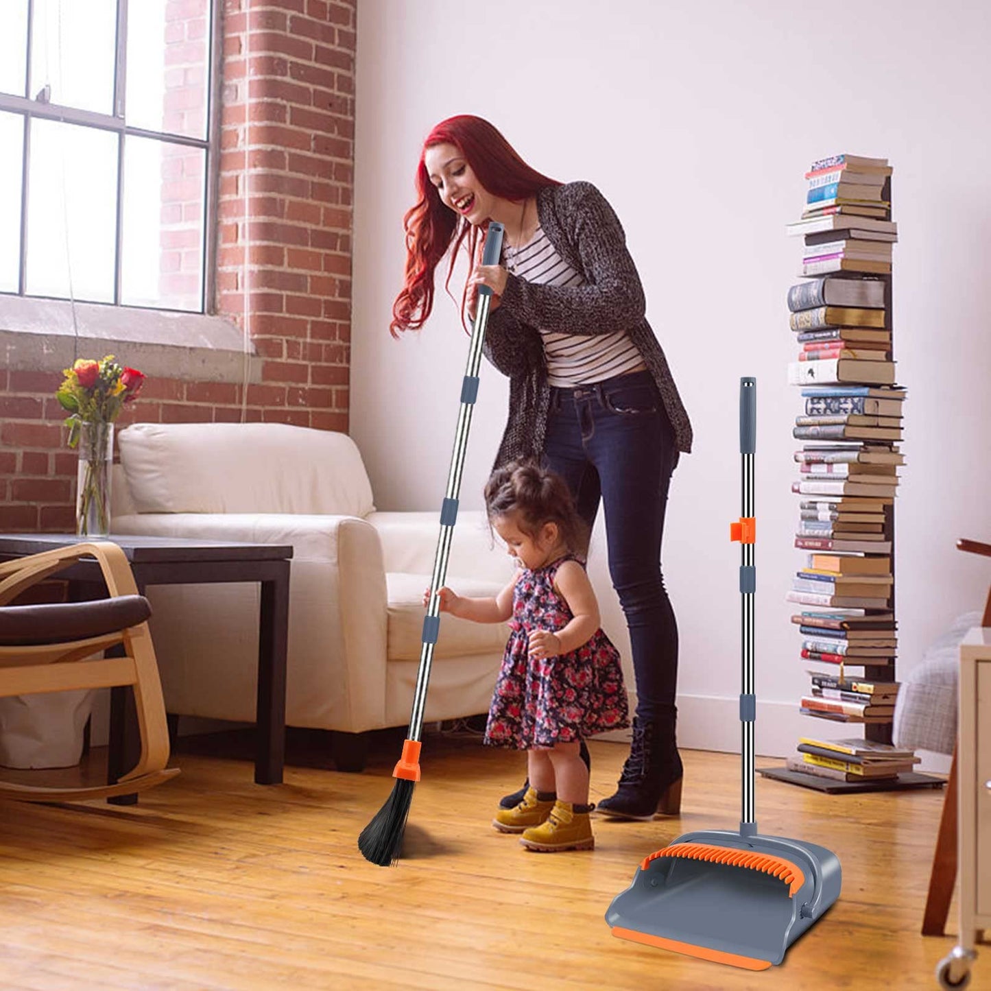 Kelamayi Broom & Dustpan Set – Self-Cleaning, Gray/Orange