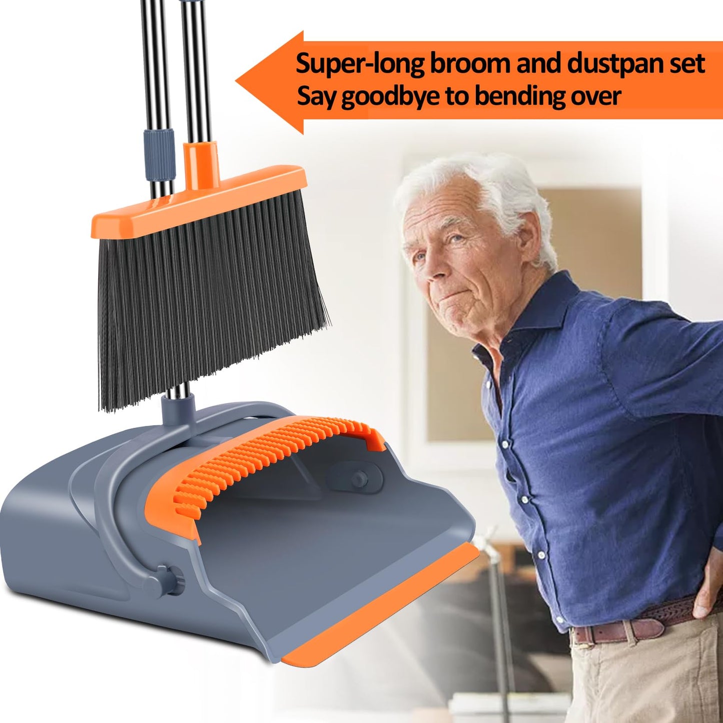 Kelamayi Broom & Dustpan Set – Self-Cleaning, Gray/Orange